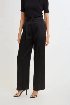 Elie Tahari Bottoms-Belted Satin Pleated Pant