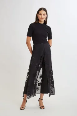 Elie Tahari Bottoms-Floral Satin Burnout Overlay Pant