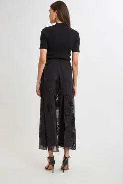 Elie Tahari Bottoms-Floral Satin Burnout Overlay Pant