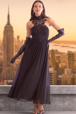 Elie Tahari Dresses & Jumpsuits|Sleeveless Dresses-Lace Applique Chiffon Halter Gown