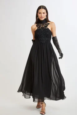 Elie Tahari Dresses & Jumpsuits|Sleeveless Dresses-Lace Applique Chiffon Halter Gown