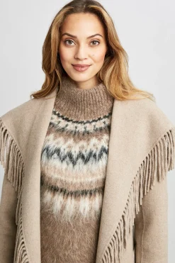 Elie Tahari Coats-Long Sleeve Fringe Detail Wrap Coat