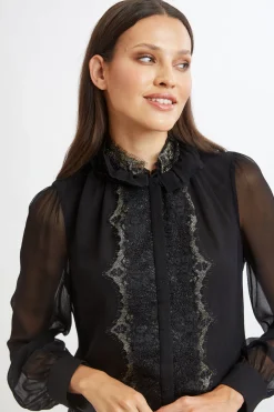 Elie Tahari Tops & Sweaters|Suiting-Metallic Lace Trim Silk Shirt