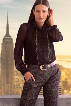 Elie Tahari Tops & Sweaters|Suiting-Metallic Lace Trim Silk Shirt