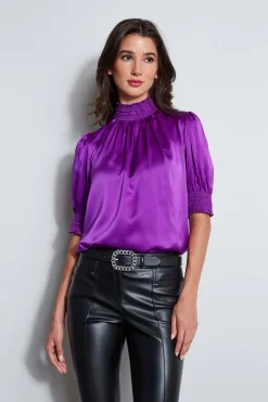 Elie Tahari Tops & Sweaters|Suiting-Short Sleeve Silk Satin Smocked Shirt