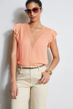 Elie Tahari Tops & Sweaters-Silk Flutter Sleeve Embroidered Shirt