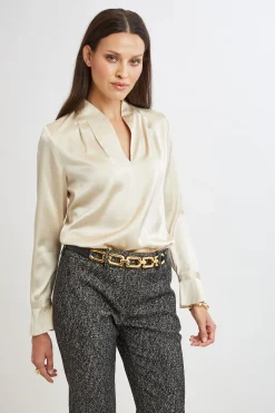 Elie Tahari Tops & Sweaters|Suiting-Silk Satin Contour Neck Ruffle Cuff Shirt