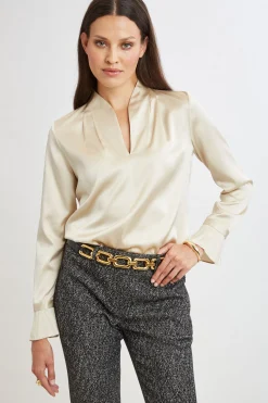 Elie Tahari Tops & Sweaters|Suiting-Silk Satin Contour Neck Ruffle Cuff Shirt
