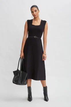 Elie Tahari Dresses & Jumpsuits|Sleeveless Dresses-Square Neck Belted Sweater Dress