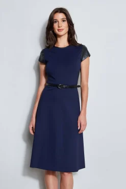 Elie Tahari Dresses & Jumpsuits|Suiting-Vegan Leather Short Sleeve Belted Knit Dress